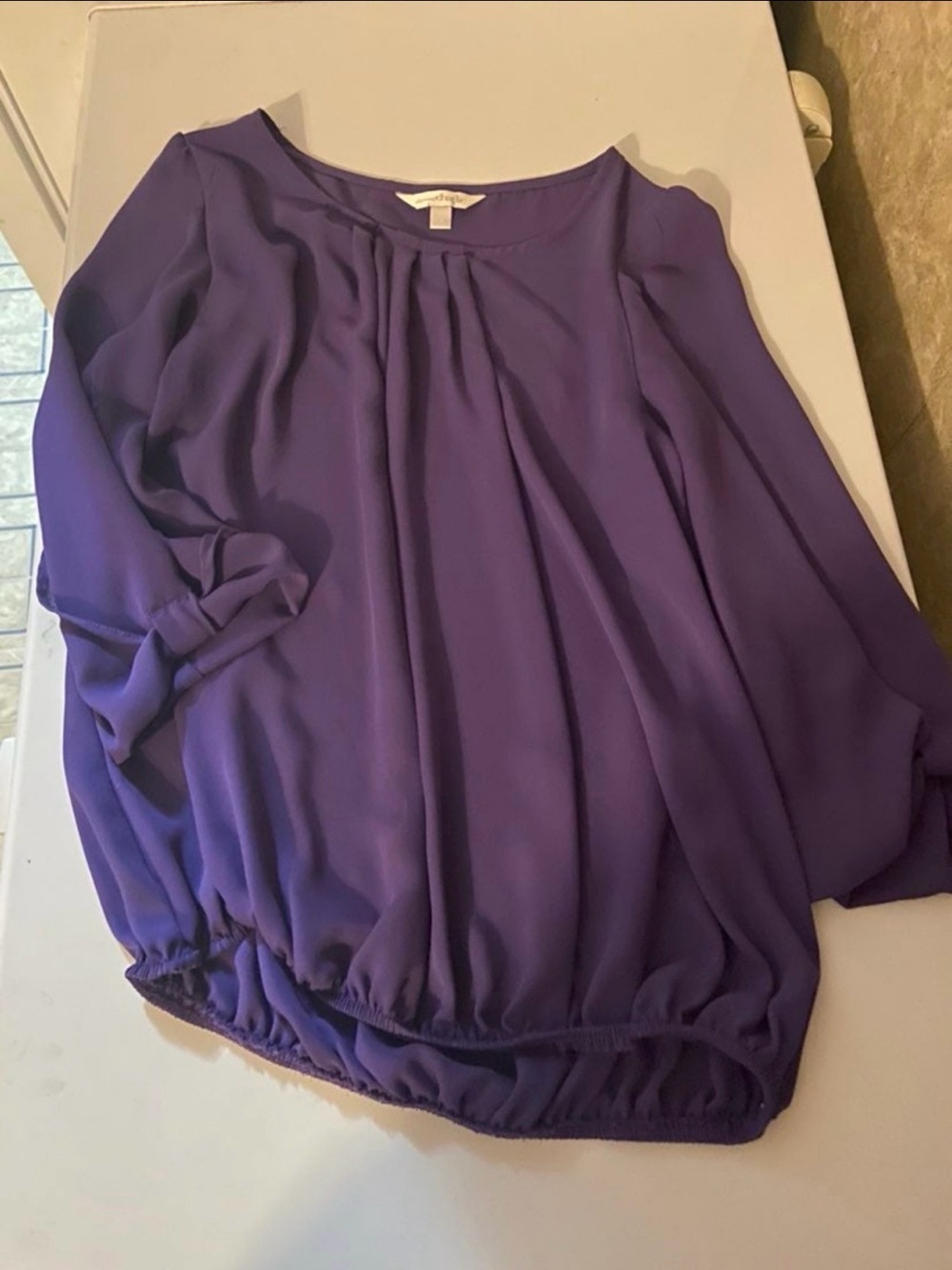 Charming Charlie Purple Pleated Blouson Long-Sleeve Top